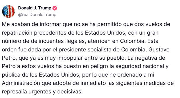 Trump se lanza con todo contra presidente de Colombia, tras negativa de recibir inmigrantes deportados de EE. UU “Esto es solo el inicio”, le advierte